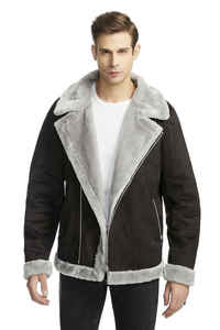 Men's Suede Leather Jacket Sherpa <b>Lined</b> Moto Biker <b>Coat</b> Turn-down Collar Zipper Closure Windproof Winter Wear - Product Image 4