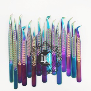 Juego de pinzas para extensión de pestañas de acero inoxidable probado a mano, revestimiento de arcoíris, etiqueta personalizada, Punta puntiaguda de bajo precio, novedad - Product Image 1