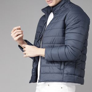Men's Navy Blue <b>Slim</b> <b>Fit</b> Puffer <b>Jacket</b> Stand Collar Zipper Closure Windproof Casual Autumn Wear Regular Length Polyester Wadding - Product Image 3