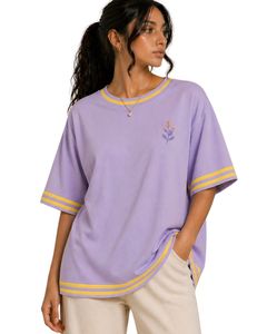 Customized Lavender Womens Oversized T Shirt Casual Loose Fit Cotton Summer Tee Contrast Trim Short Sleeve Streetwear <b>Top</b> - Product Image 1