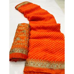 À PORTER RÉGULIER AVEC GEORGETTE LOURDE
MILL PRINT SAREE + BRODERIE SANS COUTURE BLOUSE PIÈCES ORANGE - Product Image 1