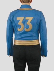 แจ็คเก็ตหนังคอสเพลย์ Fallout สีน้ำเงิน ชุด Vault ทรงเข้ารูปสำหรับผู้หญิง เสื้อคลุมฮาโลวีน แจ็คเก็ตบอมเบอร์ ของขวัญสำหรับเกมเมอร์ ทำด้วยมือ - Product Image 5