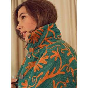 Veste courte pour femme, style bohème chic, broderie florale orange, veste Suzani verte personnalisée, vêtement ethnique décontracté pour femmes - Product Image 1