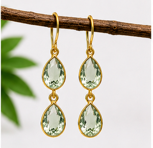 Pendientes Colgantes de Amatista Verde en Forma de Lágrima, Plata de Ley 925, Chapados en Oro |   Pendientes de Prasiolita en Forma de Pera Facetada |   Regalo - Product Image 1