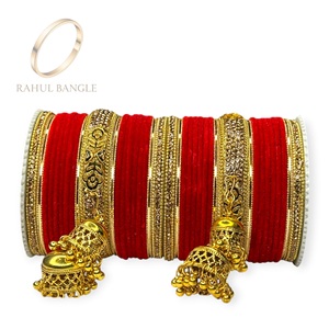 Luxury Punjabi Fashionable Bridal Bangle Set with <b>Red</b> Velvet Bangles Golden Kundan Work and Traditional Kalire Wholesale Price - Product Image 3