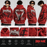 Sweat-shirt à capuche oversize imperméable pour homme IronMark, rouge, style streetwear, imprimé avec un motif d'ange, logo sur le devant, poche
