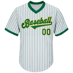 Maillot de baseball personnalisé à col en V, rayé vert et blanc, anti-humidité, pour homme adulte, manches courtes, avec numéro 00 imprimé à l'avant - Product Image 1