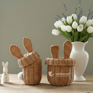 Easter Bunny <b>Wicker</b> Storage <b>Basket</b> with Lid and Bunny Ears <b>Small</b> Rattan Design - Product Image 1