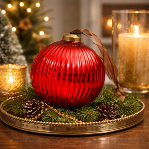 Adorno Navideño de Cristal Mercurizado Rojo Acanalado de 4 Pulgadas con Acabado Vintage |   Adorno de Lujo para Árbol de Navidad, Decoración Festiva - Product Image 3