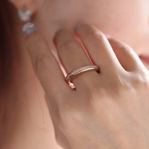 Minimal 1.2mm Round Cut Lab Grown Diamond 18K Solid Rose Gold <b>Ring</b> Luxury Micro Pavé Full Eternity <b>Thin</b> Stacking Wedding Band - Product Image 2