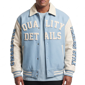 Custom Logo <b>Men</b> Varsity Baseball <b>Jacket</b> Streetwear Turn Down Collar <b>Leather</b> Sleeve Front Wool Varsity Coat <b>Men's</b> - Product Image 1