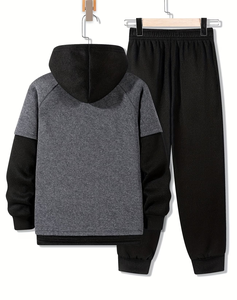Customized Brand 2pcs Set Boys Outfit Long Sleeve Pullover Hoodie Joggers Autumn/Winter Solid Color Polyester/Cotton Casual Logo - Product Image 2