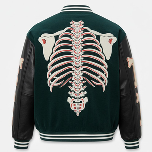 Custom Unisex Forest Green Skeleton Varsity <b>Jacket</b> Black Faux Leather Sleeves Rib Cage Bone Graphic Snap Button <b>Gothic</b> By SHH - Product Image 2