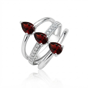 Women's Classy & Romantic Design Rhodium Plated <b>Garnet</b> Cz Three Stone Gemstone <b>Ring</b> with <b>Silver</b> Band for Wedding & Party - Product Image 3
