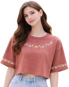 เสื้อยืดครอปผู้หญิงสีชมพูอมเทา ปักลายดอกไม้ แขนสั้น สไตล์ลำลอง แฟชั่น ผ้าคอตตอนผสม เนื้อนุ่ม เสื้อผู้หญิงสำหรับฤดูร้อน ขายส่งขายปลีก - Product Image 1