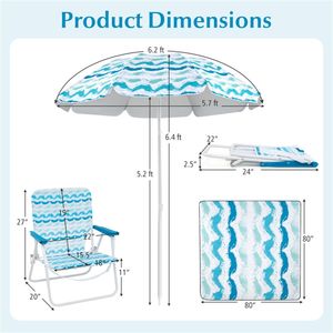 Set da Spiaggia 4 Pezzi Blu: Telo Impermeabile 203x203cm, Ombrellone Parasole 1,9m, 2 Sedie Pieghevoli - Product Image 3