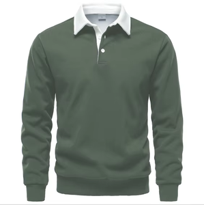 Polo de Manga Larga Verde para Hombre, Color Sólido, Tejido de Punto, Diseño Casual con Botones - Product Image 1