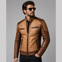 Veste en cuir marron pour homme, style motard, effet crocodile, col rabattu avec badge, fermeture éclair au dos