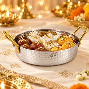 Bol en métal martelé avec poignées dorées, fait main, poli, bol de service de luxe pour les fêtes - Product Image 3