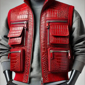 เสื้อกั๊กหนังจระเข้สีแดงลายนูนสำหรับผู้ชาย เสื้อแจ็คเก็ตสตรีทแวร์แนวแทคติคอล เสื้อกั๊กหนังสำหรับขี่มอเตอร์ไซค์ เสื้อกั๊กไบค์เกอร์ - Product Image 5