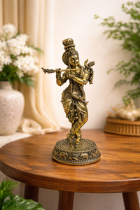Handmade Brass Lord Krishna Statue Wax Casting Flute Playing | Antique Finish Brass Krishna Murti-Nirmala Handicrafts Rajasthan - Product Image 3