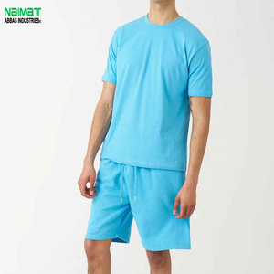 Ensemble T-shirt et short pour homme en coton bleu uni, col rond, décontracté, pour l'été, 2 pièces, tissu respirant tricoté - Product Image 3