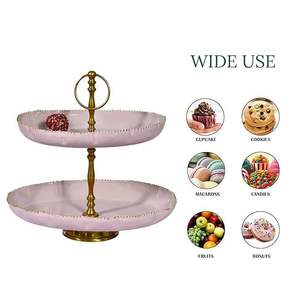 <b>Pink</b> Ceramic Two-Tier Cake Stand with Gold Base Handmade Multi-Layer Dessert Display At Best Price - Product Image 2