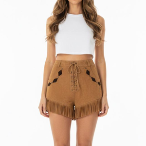 High Waist Suede <b>Shorts</b> With <b>Fringe</b> And Lace-Up Front Bohemian Style Women's <b>Shorts</b> - Product Image 3