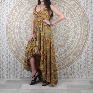 Sohna Maxi Indian Silk V-neck A-Line Asymmetrical Boho <b>Dress</b> with Thin Straps Yellow Ethnic Print Purple Paisley Formal Occasion - Product Image 3