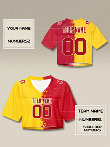 Women Yellow Red Crop Football Jersey V Neck Custom Name Number Short Sleeve Sports Teamwear Top - Product Image 2
