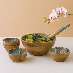 Juego de Tazones de Madera para Servir, Exterior de Madera Natural con Interior Esmaltado, Vajilla Rústica y Moderna - Product Image 2