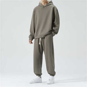 Men's Khaki Hooded Sweatshirt & Jogger Pants Set Casual Loose Fit Full Sleeve Solid Color Tracksuit with Drawstring - Product Image 6