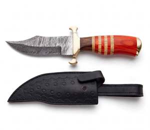 Outil utilitaire à lame fixe en acier Damas forgé à la main avec manche en bois coloré et étui en cuir - Product Image 3
