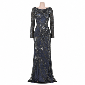 Luxury Navy <b>Blue</b> <b>Beaded</b> Evening Gown for Women | Elegant Long Sleeve Mermaid Formal Dress Floral Sequin Embellished Party Wear - Product Image 1