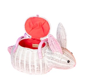 Cute Rabbit Shaped <b>Wicker</b> Storage <b>Basket</b> With Pink <b>Handles</b> Plant Fiber Handmade Animal Design Decorative Organizer - Product Image 3