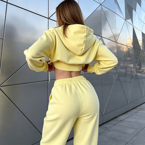 Conjunto de 2 Piezas para Mujer, Sudadera con Capucha Amarilla Sólida, Top Corto de Manga Larga Informal y Pantalones Jogger - Product Image 3
