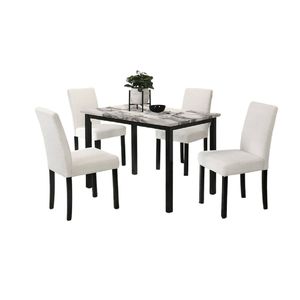 Set da Pranzo 5 Pezzi in Tessuto di Lana Bianca, Tavolo con Piano in Finto Marmo, 4 Sedie Imbottite con Coprisedie, Cuscini per Sala da Pranzo - Product Image 3