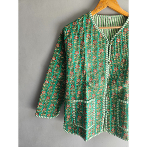 <b>Quilted</b> Floral <b>Jacket</b> Women's Cotton V-Neck Three Quarter Sleeve Spring Coat With Button Closure Green <b>Patterned</b> Design gift - Product Image 4