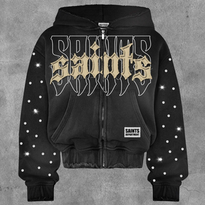 Hoodie court zippé personnalisé style streetwear hiver, coupe ample, délavé soleil, strass, délavé à l'acide, style gothique, high street, hip hop, français - Product Image 2
