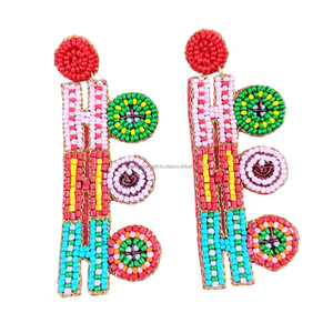 Boucles d'oreilles pendantes tendance de style religieux orthodoxe avec fermoir à crochet, broderie et pompon perlé - Product Image 1
