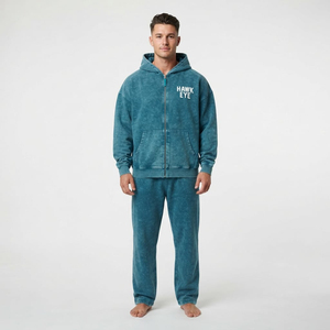 Conjunto de dos piezas de chándal para hombre de alta calidad al por mayor, con cremallera completa, lavado ácido, hombros caídos, sudadera con capucha y bolsillo canguro. - Product Image 5