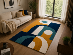 Tapis en laine tufté à la main, style Art déco du milieu du siècle, motifs géométriques arche, jaune moutarde, bleu marine, turquoise, tapis de designer pour salon - Product Image 6