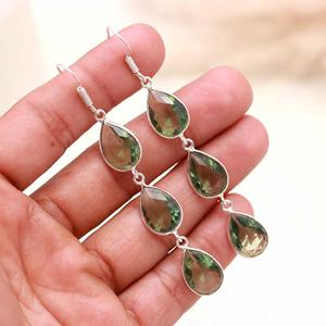 Green Peridot Quartz Pear Cut <b>Dangle</b> <b>Earrings</b> 925 <b>Sterling</b> <b>Silver</b> | Olive Green Gemstone Drop <b>Earrings</b> | Elegant Handmade Long E - Product Image 2