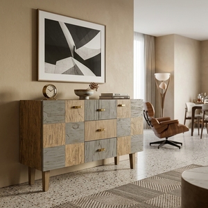 Aparador Moderno de Madera con Patrón de Bloques en Tablero de Ajedrez, Cajones de Roble Gris, Gabinetes con Tiradores de Latón, Muebles para Sala de Estar/Hogar - Product Image 2