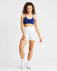 Women's Blue <b>White</b> <b>2</b> <b>Piece</b> Sports <b>Set</b> Halter Crop Top High Waist Shorts Solid Color Knitted Breathable Summer Wear - Product Image 6