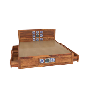 Lit plateforme en bois massif de palissandre CIA Industries, taille King/Queen, design rustique, lattes réglables, tiroir de rangement, base décorative - Product Image 4