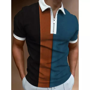 Men's Geometric Color Blocked Zipper <b>Polo</b> Shirt Short Sleeve Knitted Sporty Style Regular Fit Black <b>White</b> Design - Product Image 3