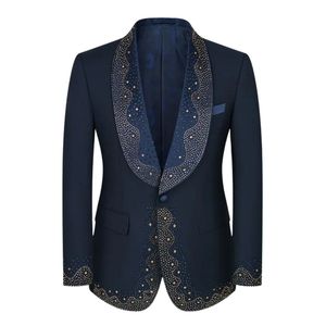 Costume de smoking pour homme bleu marine jacquard à motif floral, revers châle, trois pièces, motif texturé, tenue de soirée, costumes de marié - Product Image 2