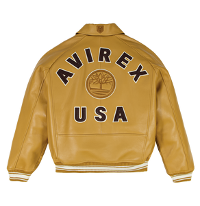 Avirex <b>Men's</b> Tan <b>Leather</b> Bomber <b>Jacket</b> Embroidered Patch Front Zipper Turn-down Collar Regular Fit Casual Style - Product Image 2