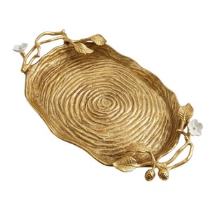 Vintage Design <b>Gold</b> Metal Decorative <b>Tray</b> with Leaf Branch Handles Premium <b>Serving</b> Platter Home Tabletop Display Good Price - Product Image 1
